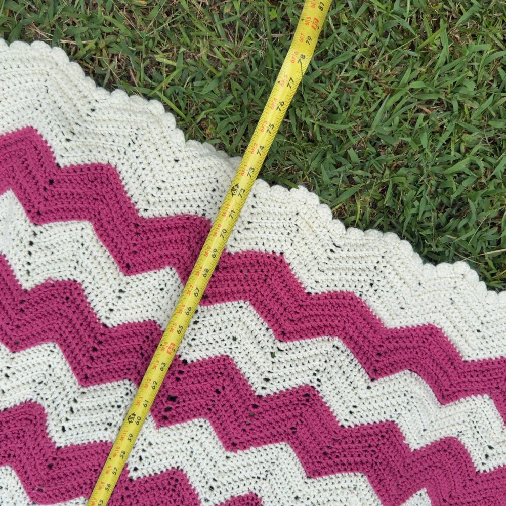 Handmade Crochet Chevron Ripple Throw Blanket Magenta Pink White Afghan 78x41
